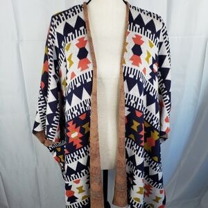 Wild Pearl Aztec Design Open Front Cardigan Lagen Look Blue & Orange Knit Sz M.